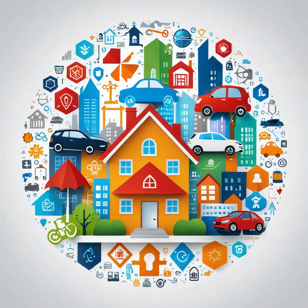 A visually engaging collage showcasing diverse insurance symbols such as a house, car, health, and life insurance with keys symbolizing unlocking potential benefits. The background features a vibrant city skyline to represent security and stability, with a bright, inviting color palette to evoke trust and warmth. Add subtle visual hints of financial documents and calculators in the corners to suggest comprehensive coverage options. super-realistic. vibrant colors. white background.