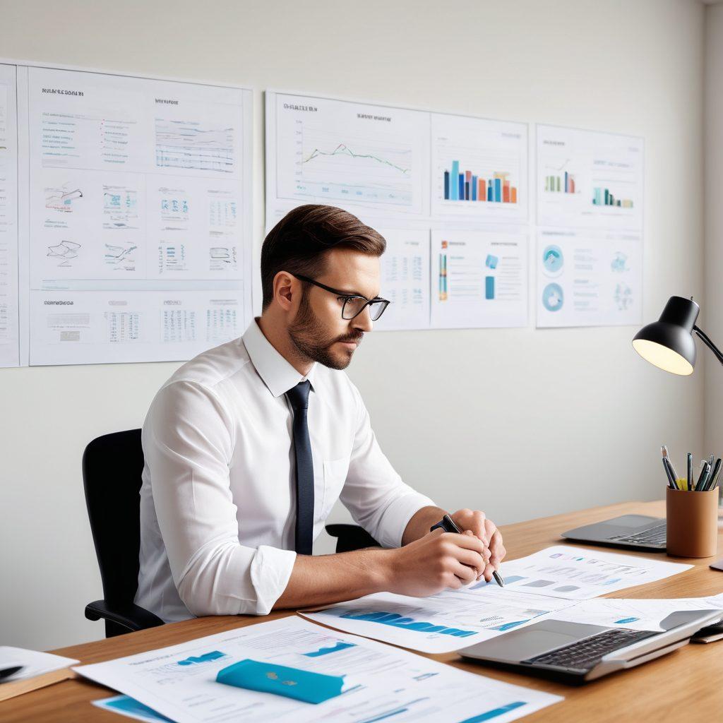 A thoughtful individual sitting at a desk surrounded by various insurance documents and a laptop, analyzing options. Include a visual representation of safety and security, like a shield symbol or a family icon. Use a clear and organized layout, with vibrant colors to highlight different insurance products. Incorporate financial symbols like coins and graphs in the background for added context. super-realistic. vibrant colors. white background.
