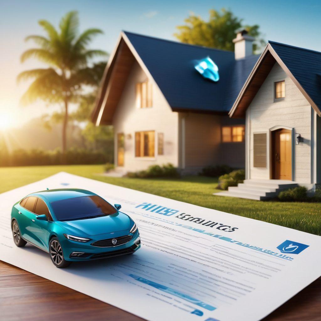 A split image showcasing two contrasting scenes: on one half, a shiny new car with auto insurance documents floating around it, and on the other half, a cozy home surrounded by protective shield symbols representing homeowners insurance. The background should be a gradient of blue and green, symbolizing trust and protection. Include a gentle glow effect around the shield symbols to emphasize safety. super-realistic. vibrant colors. clean background.
